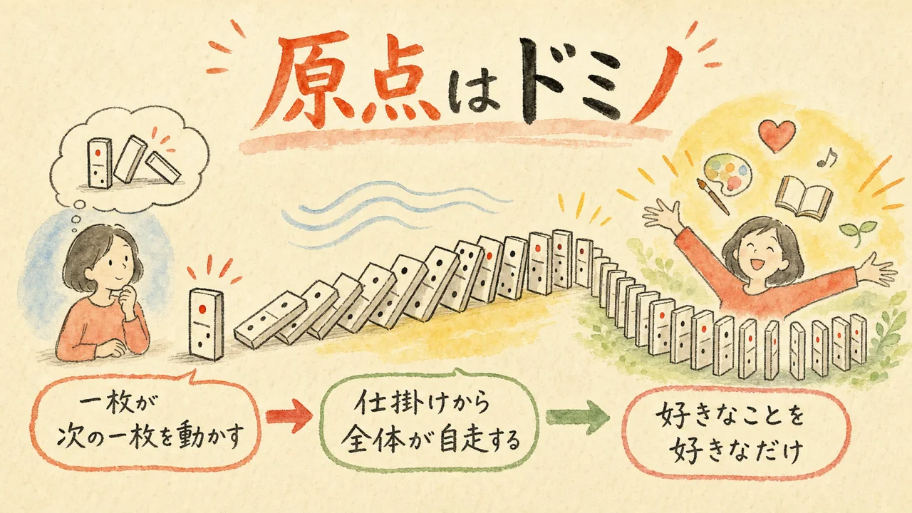 小学生のドミノ遊びが自走する仕組みづくりの原点だったことを示す図解