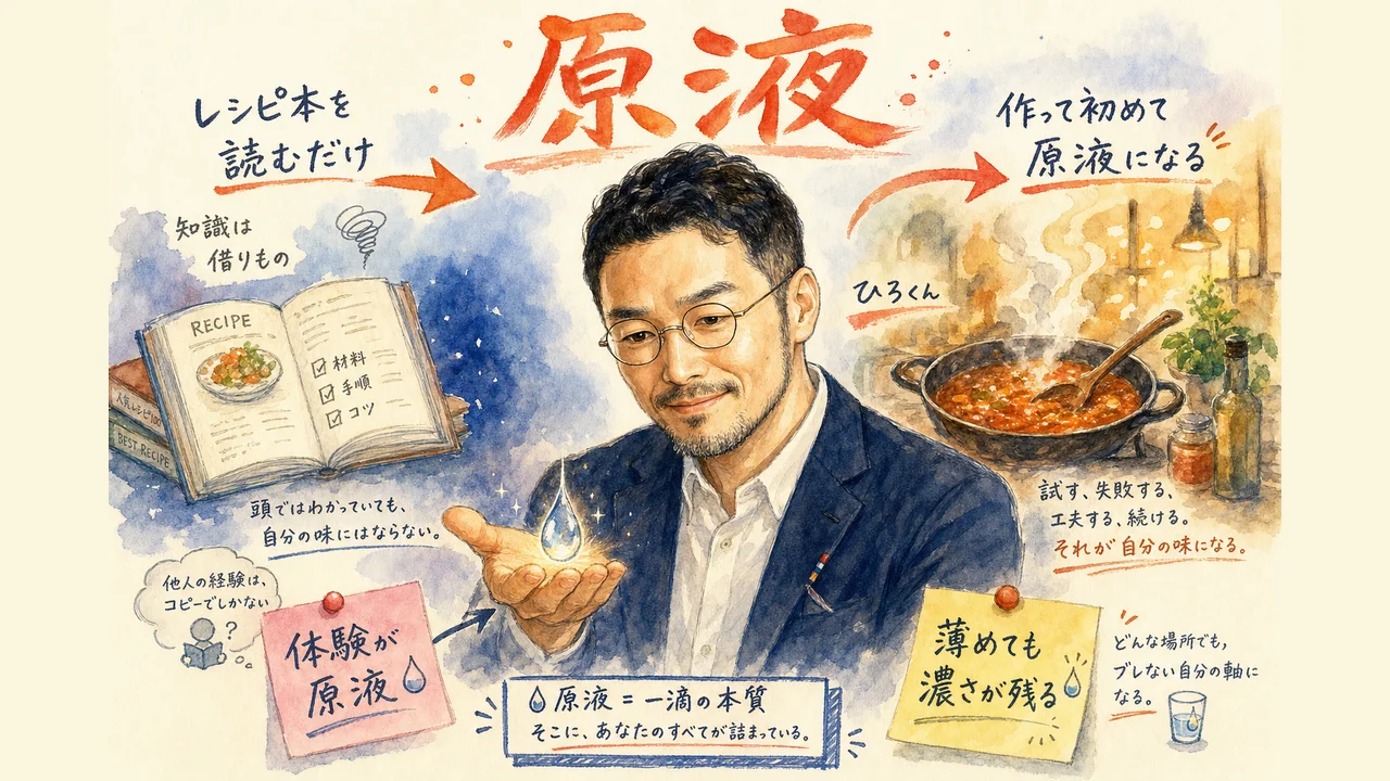 実体験の熱量と原液の関係を表したひろくんコラム図解