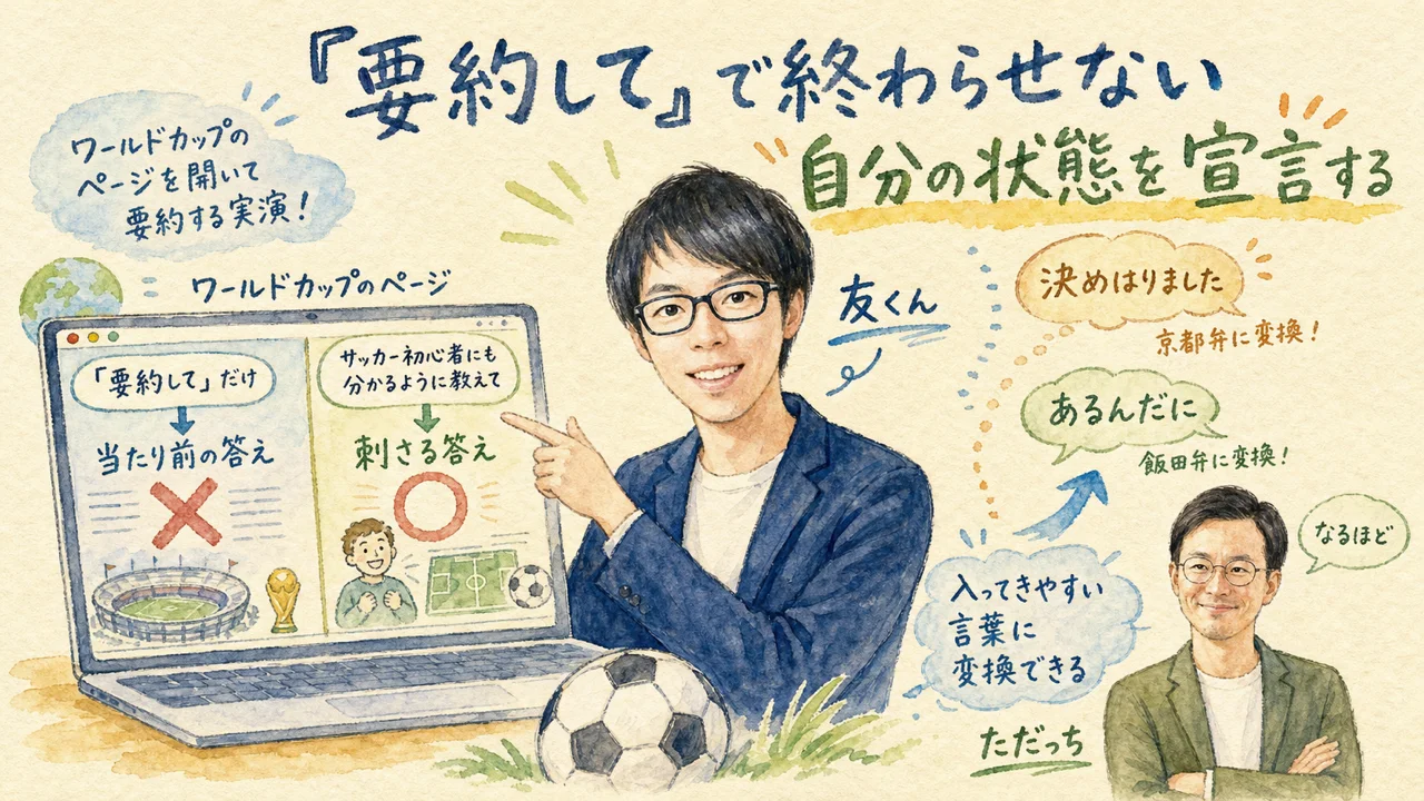 ワールドカップのページを要約・変換する実演を語る友くん