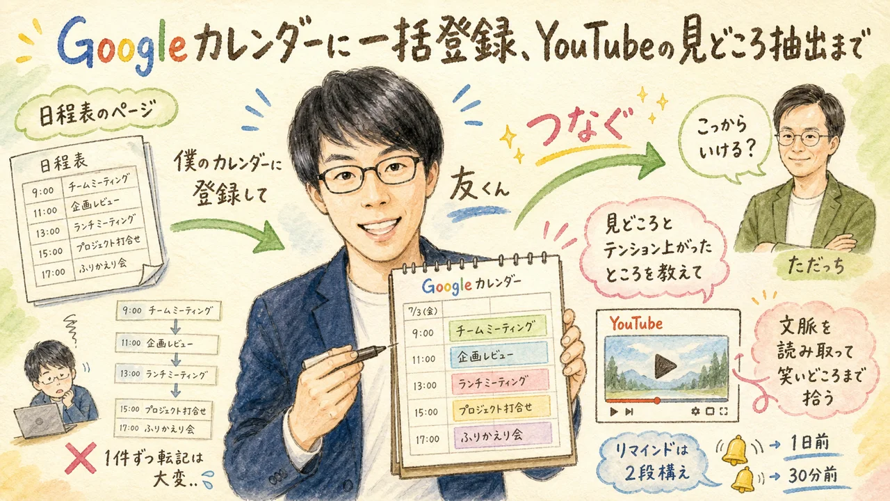 Googleカレンダー連携とYouTube要約を実演する友くん