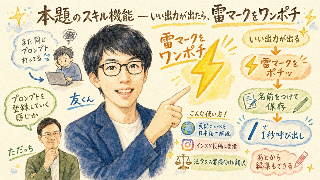 スラッシュで呼び出すスキル機能と雷マーク登録を解説する友くん