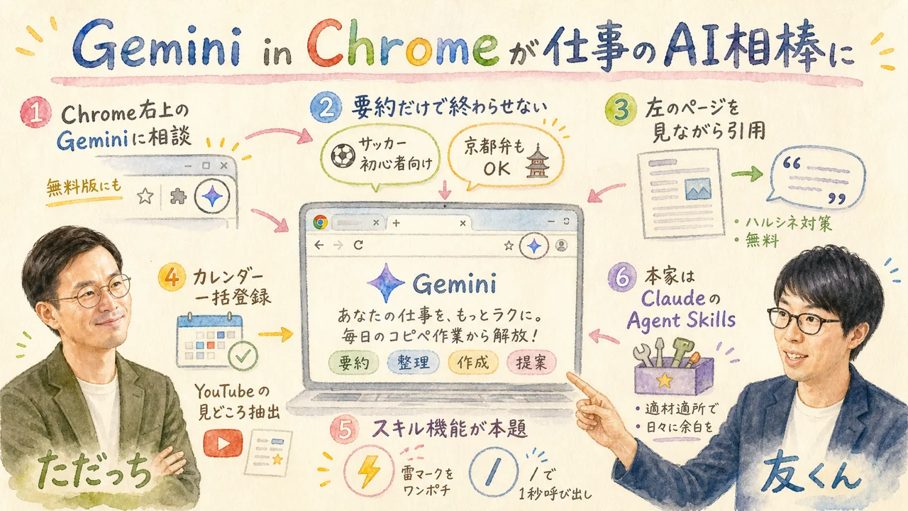 Gemini in Chromeのスキル機能を実演する図