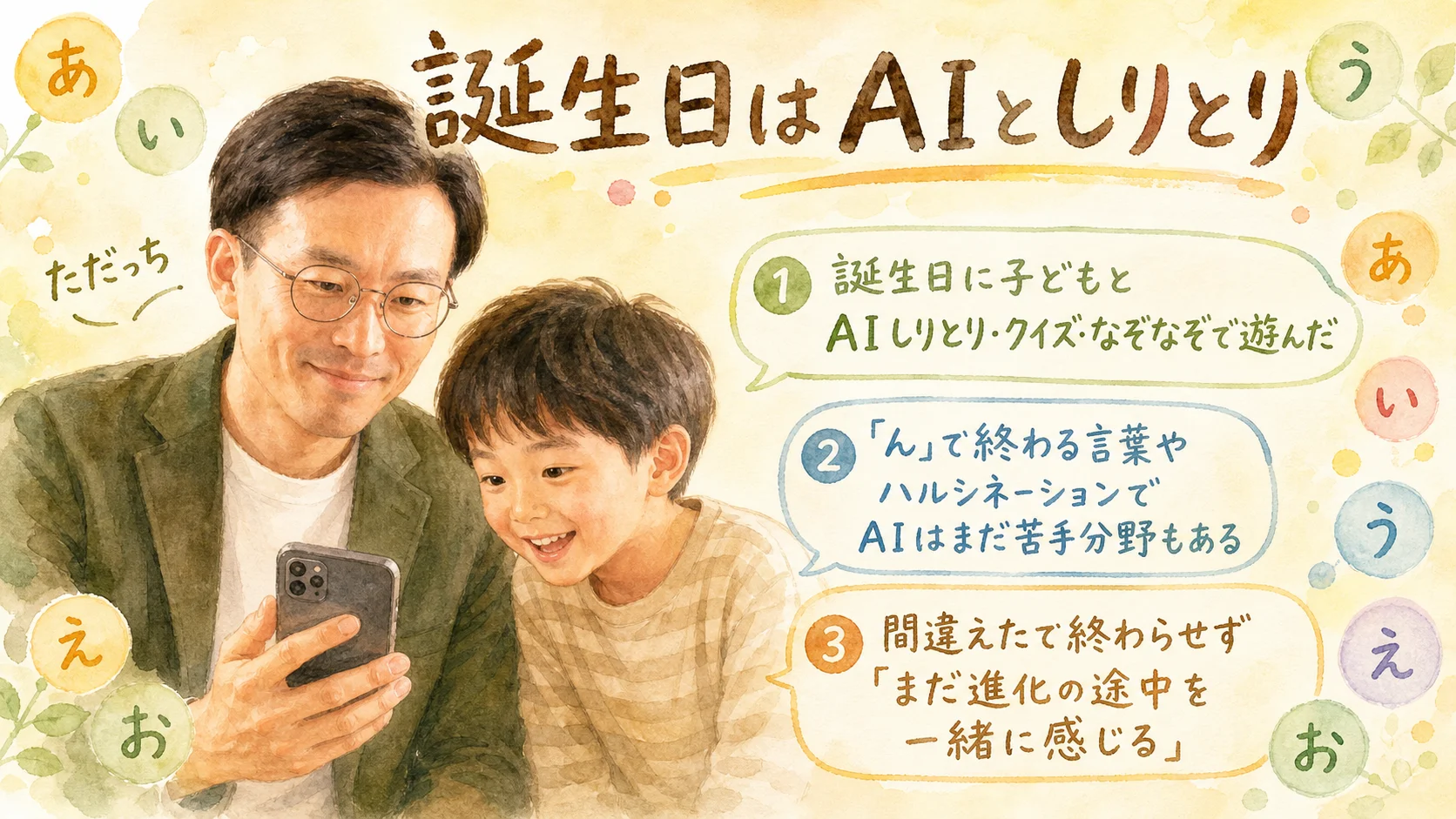 誕生日に子どもとAIしりとりで遊ぶただっちと、AIがまだ苦手な分野についての気づきを図解したグラフィックレコーディング