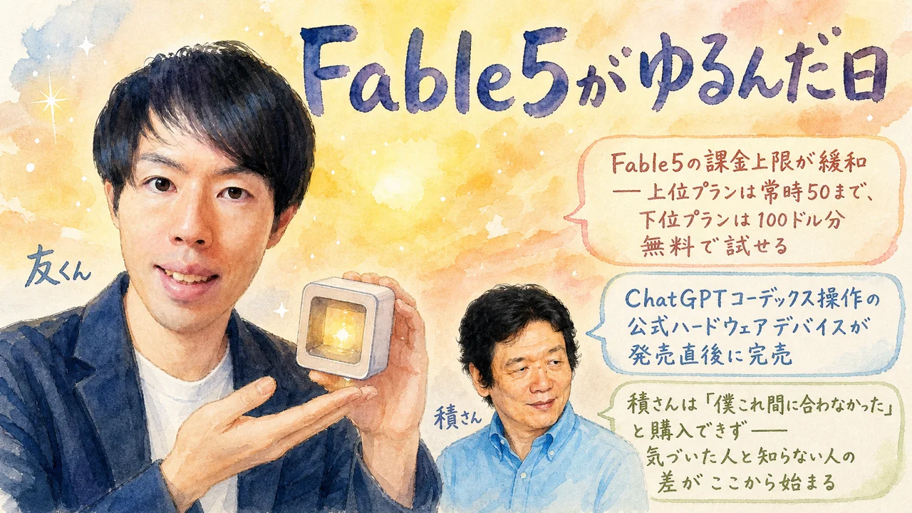 Fable5の課金上限緩和とChatGPTコーデックスデバイス完売、積さんが購入できなかった話を図解したグラフィックレコーディング