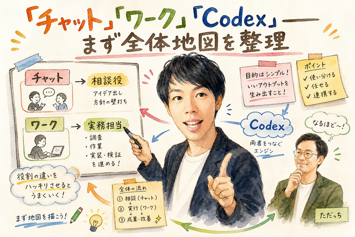ChatGPTのチャット・ワーク・Codexの違いを整理する友くんとただっち