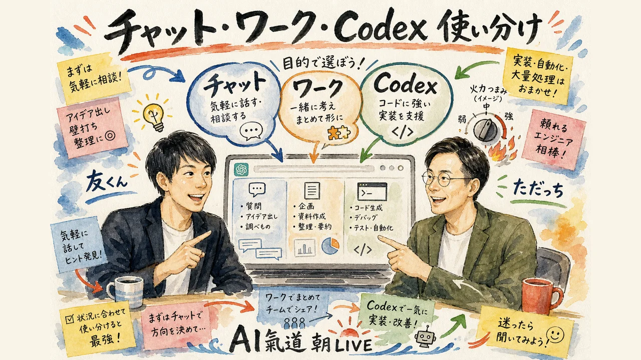 ChatGPTのチャット・ワーク・Codexの3レイヤーを火力調整に例えて示す図解