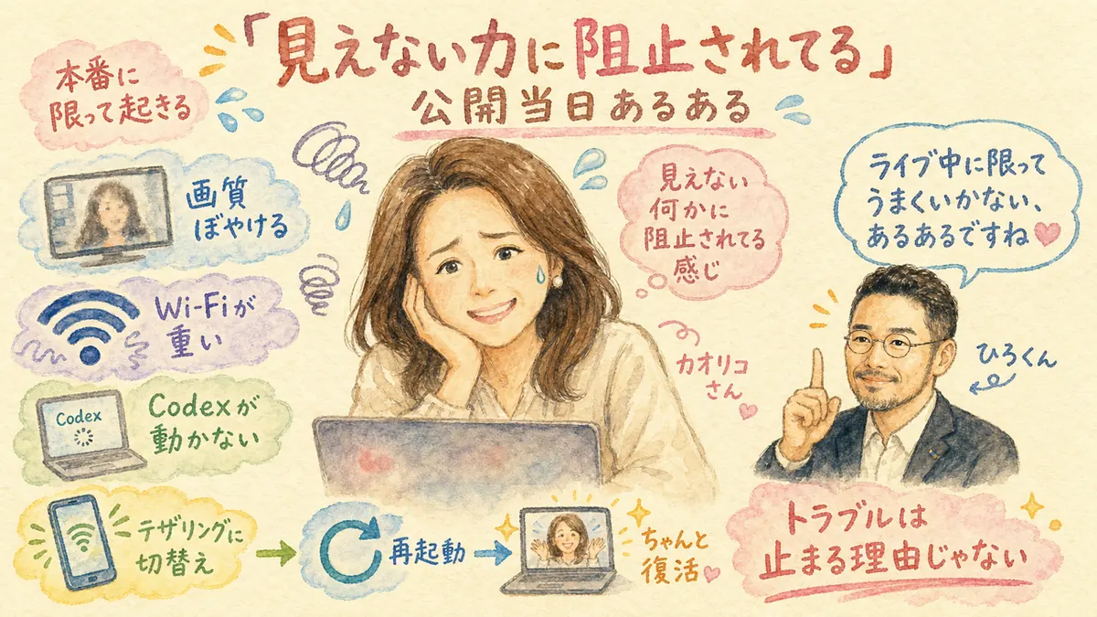 公開当日あるある——見えない力に阻止されてる回線トラブルの図解