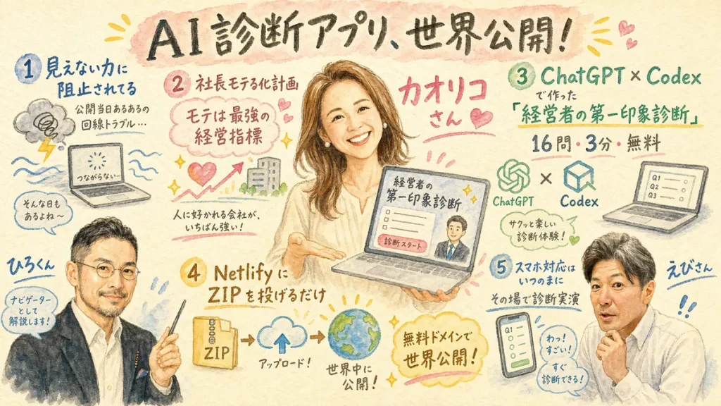 CodexのAI診断アプリをNetlifyで世界公開｜社長モテる化計画LIVE全体グラレコ