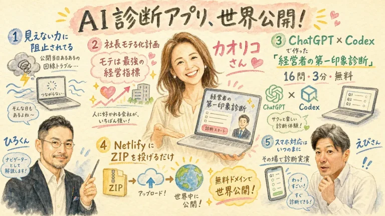 CodexのAI診断アプリをNetlifyで世界公開｜社長モテる化計画LIVE全体グラレコ