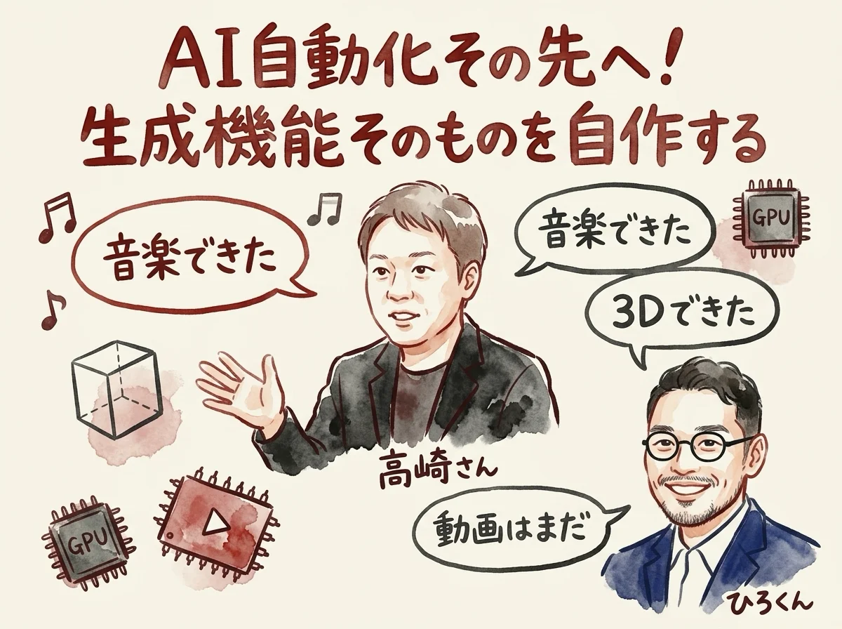 GoogleコラボのGPUで音楽と3D生成AIを自作する高崎さんの挑戦を示す図解
