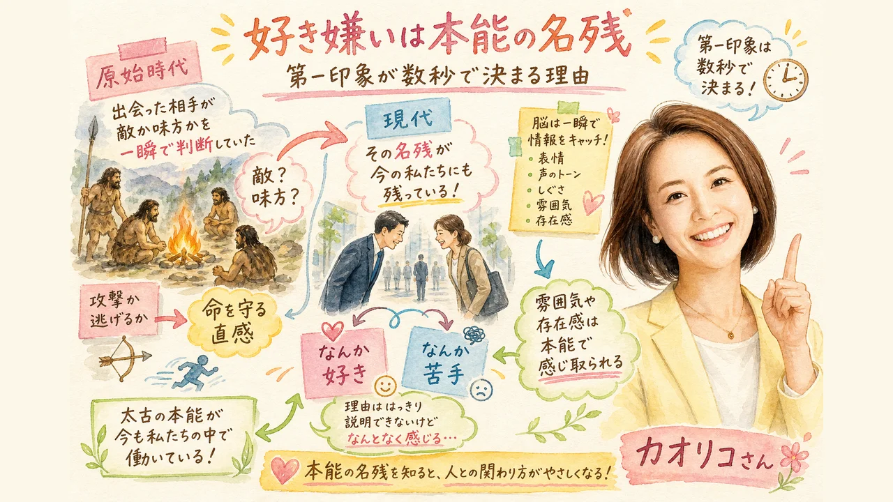 好き嫌いは本能の名残・第一印象が数秒で決まる理由（グラレコ図解)