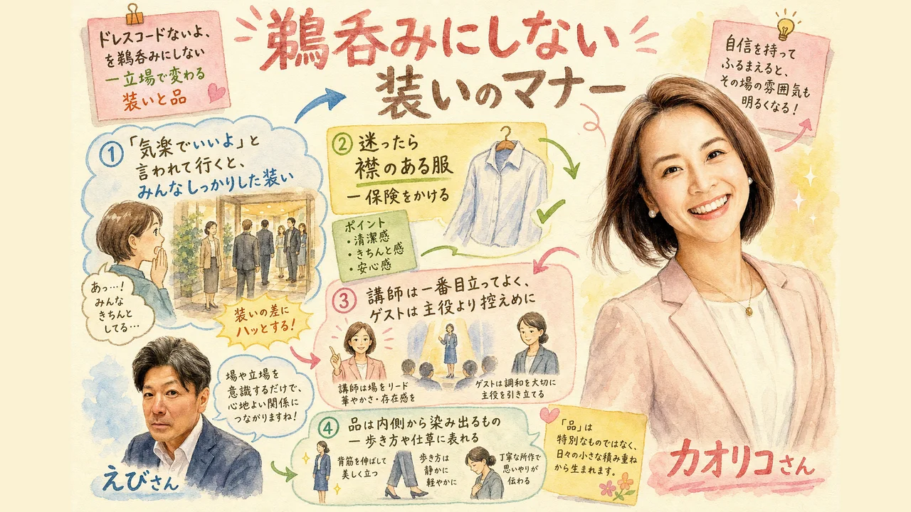 ドレスコードないよを鵜呑みにしない・立場で変わる装いと品（グラレコ図解）