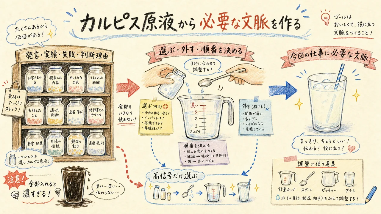 カルピス原液から必要なコンテキストを選ぶ流れ