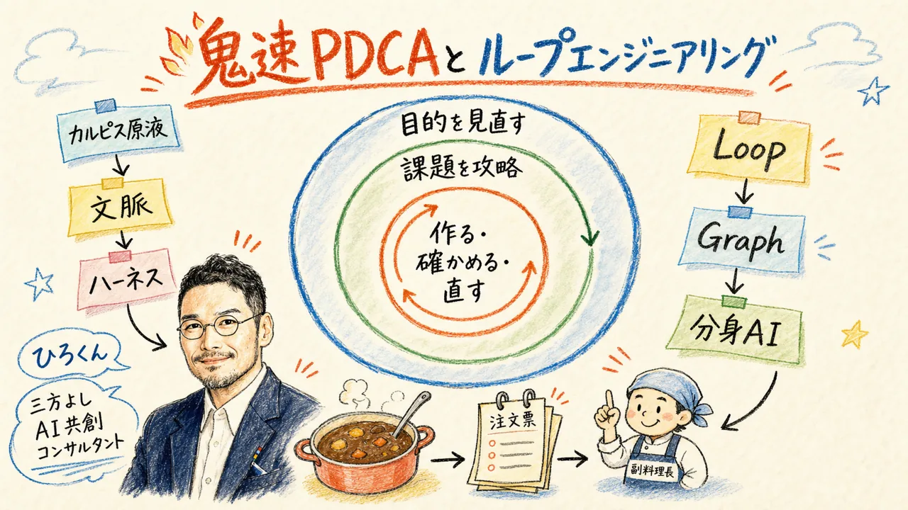 鬼速PDCAとループエンジニアリングの入れ子構造をカレー鍋と厨房の例えで示す図解