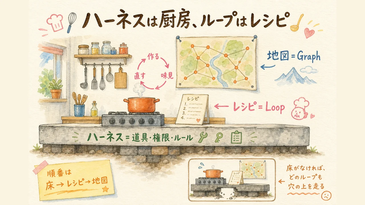床のハーネス、レシピのLoop、地図のGraphの厨房断面図
