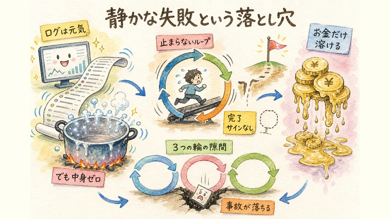 静かな失敗＝元気そうに動いて中身ゼロで課金だけ続く落とし穴の図解