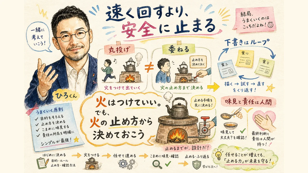 委ねると丸投げの違い・火の止め方から決める、まとめの図解