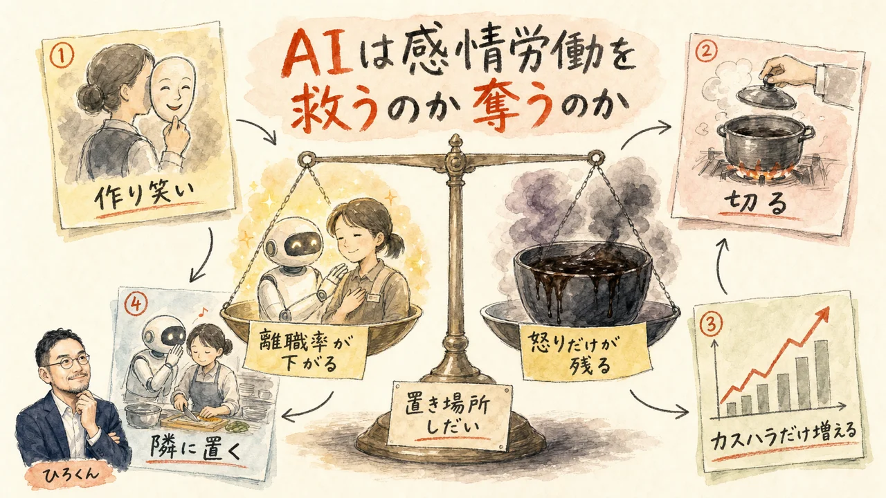 作り笑いと抑うつの相関を示す研究データとAIが感情労働を濃縮する様子を示す図解