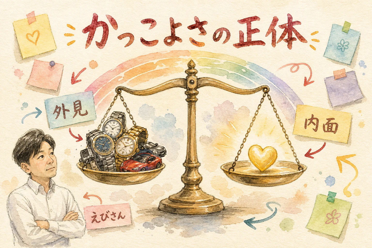 かっこよさの正体 図解｜外側の飾りと内面の品格を載せた天秤とえびさん