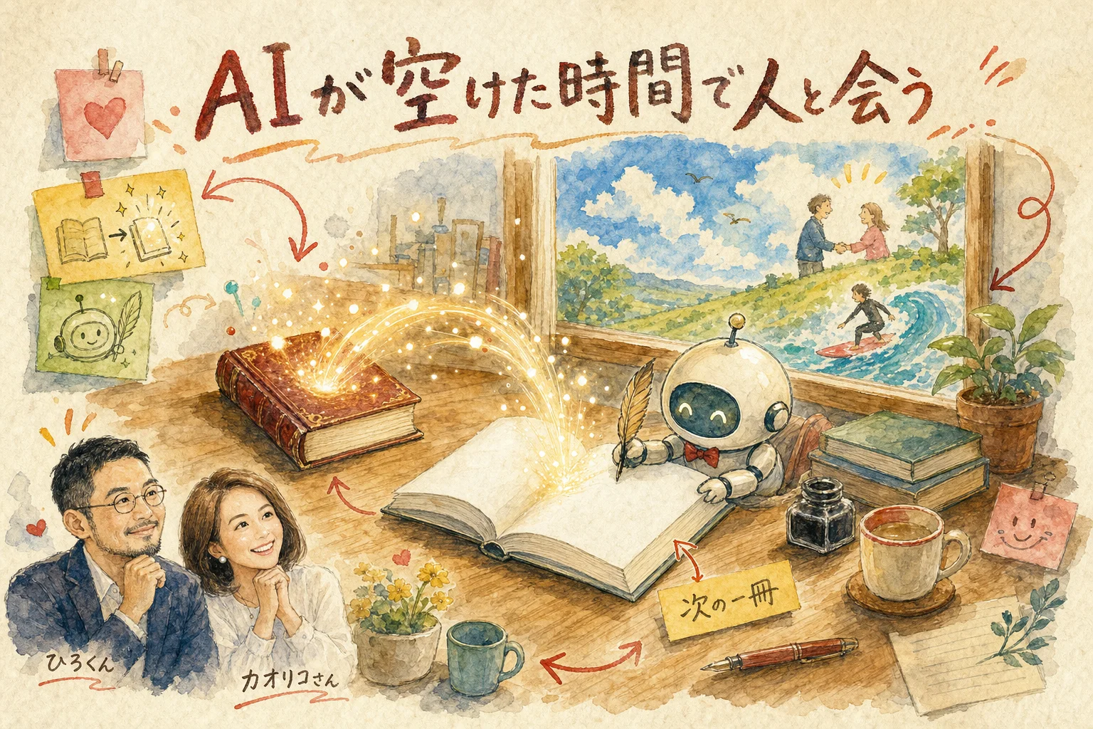 AIが空けた時間で人と会う 図解｜AI秘書と次の一冊を作るひろくんとカオリコさん