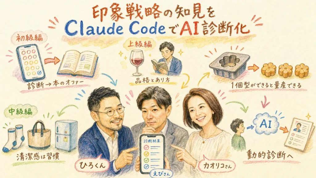 印象戦略の知見をClaude CodeでAI診断化する全体図グラレコ（ひろくん・えびさん・カオリコさん）