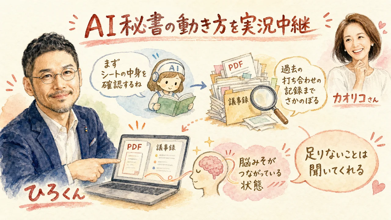 AI秘書の動き方を実況中継 — PDFを読み、議事録まで遡る