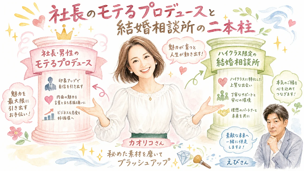 社長のモテるプロデュースと結婚相談所の二本柱（グラレコ図解）