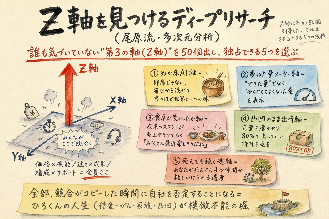 Z軸を見つけるディープリサーチプロンプトの図解