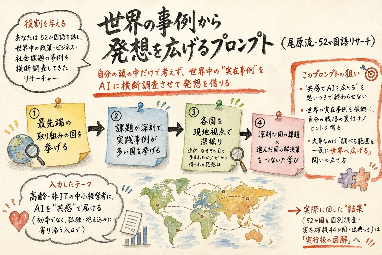 世界の事例から発想を広げるプロンプトの図解