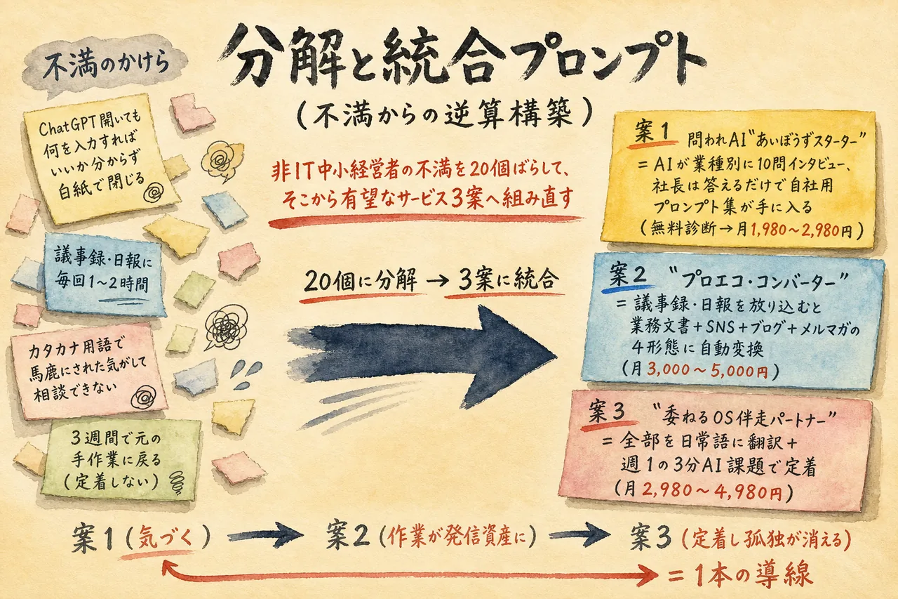 分解と統合によるアイデアビルディングプロンプトの図解