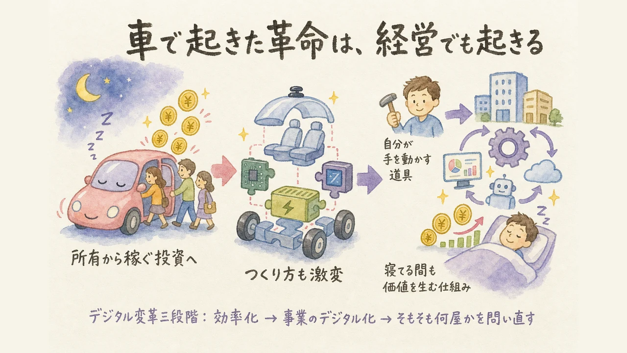 所有から投資へ・製造方式の激変、車の革命が経営でも起きるグラレコ