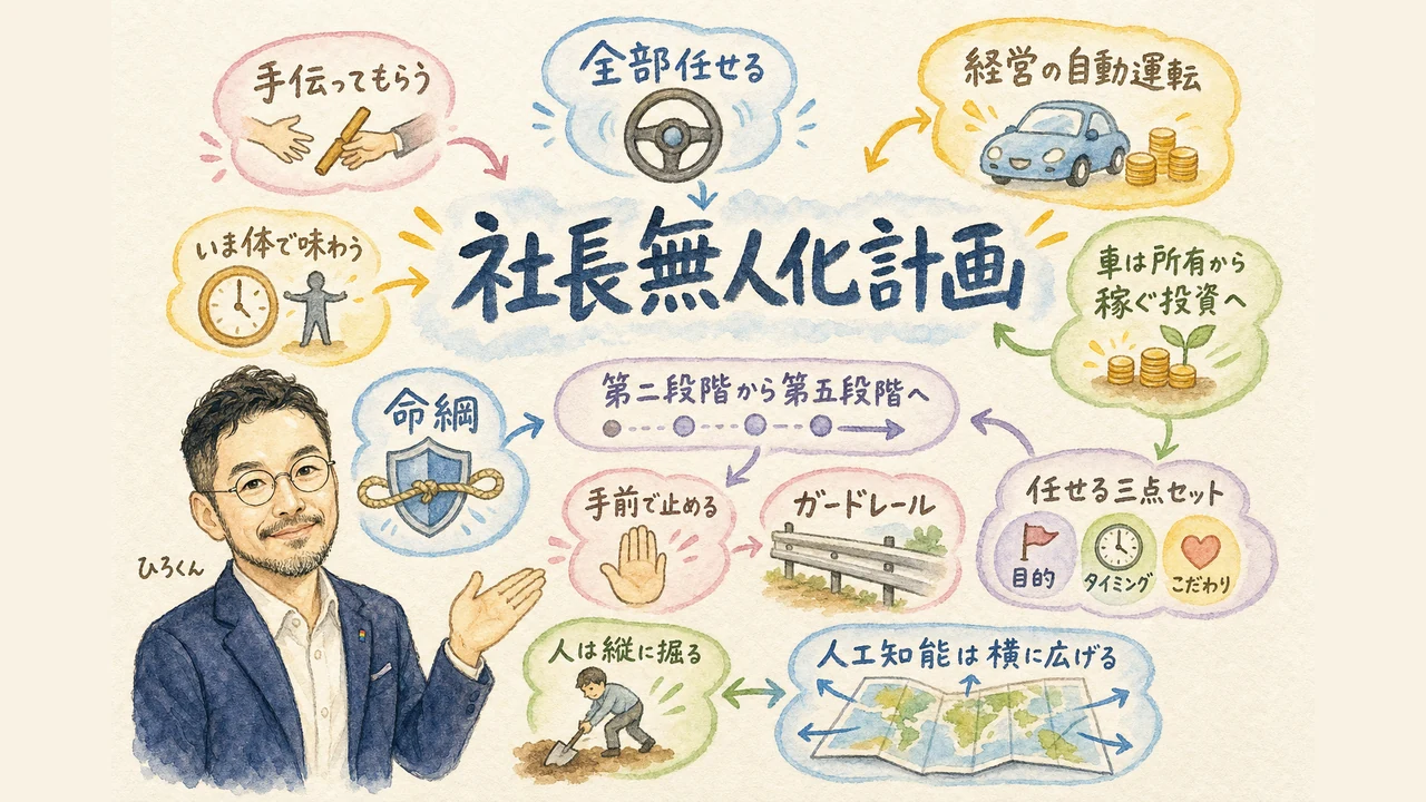 社長無人化計画：AIに経営を委ねて人生の真ん中に還る全体像グラレコ