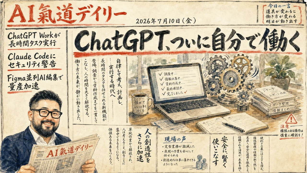 長時間自律で働くAIエージェントを伝える新聞風ニュース図