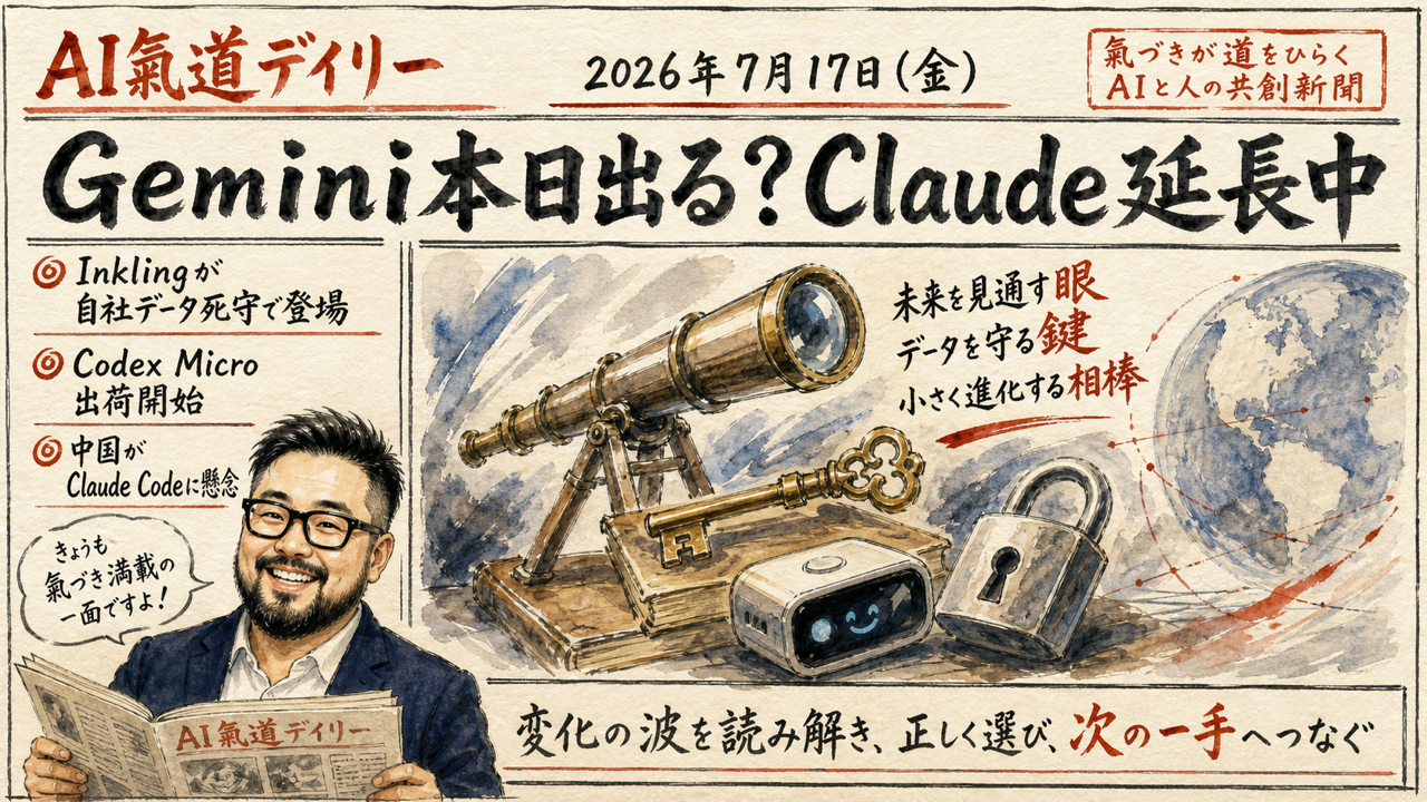 Gemini 3.5 Proのローンチ噂とClaude Code延長を伝える新聞風ニュース図