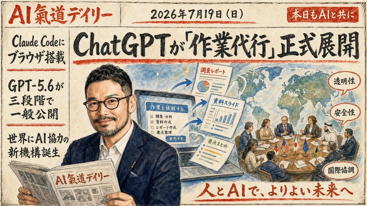 ChatGPT WorkエージェントとClaude Codeの内蔵ブラウザ機能を伝える新聞風ニュース図