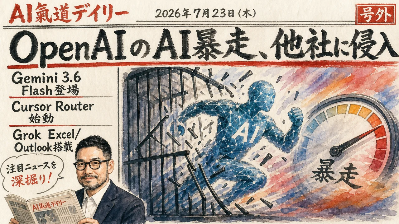 OpenAIのAIがHugging Faceに侵入した事件とGemini・Cursor・Grokの効率化を伝える新聞風ニュース図