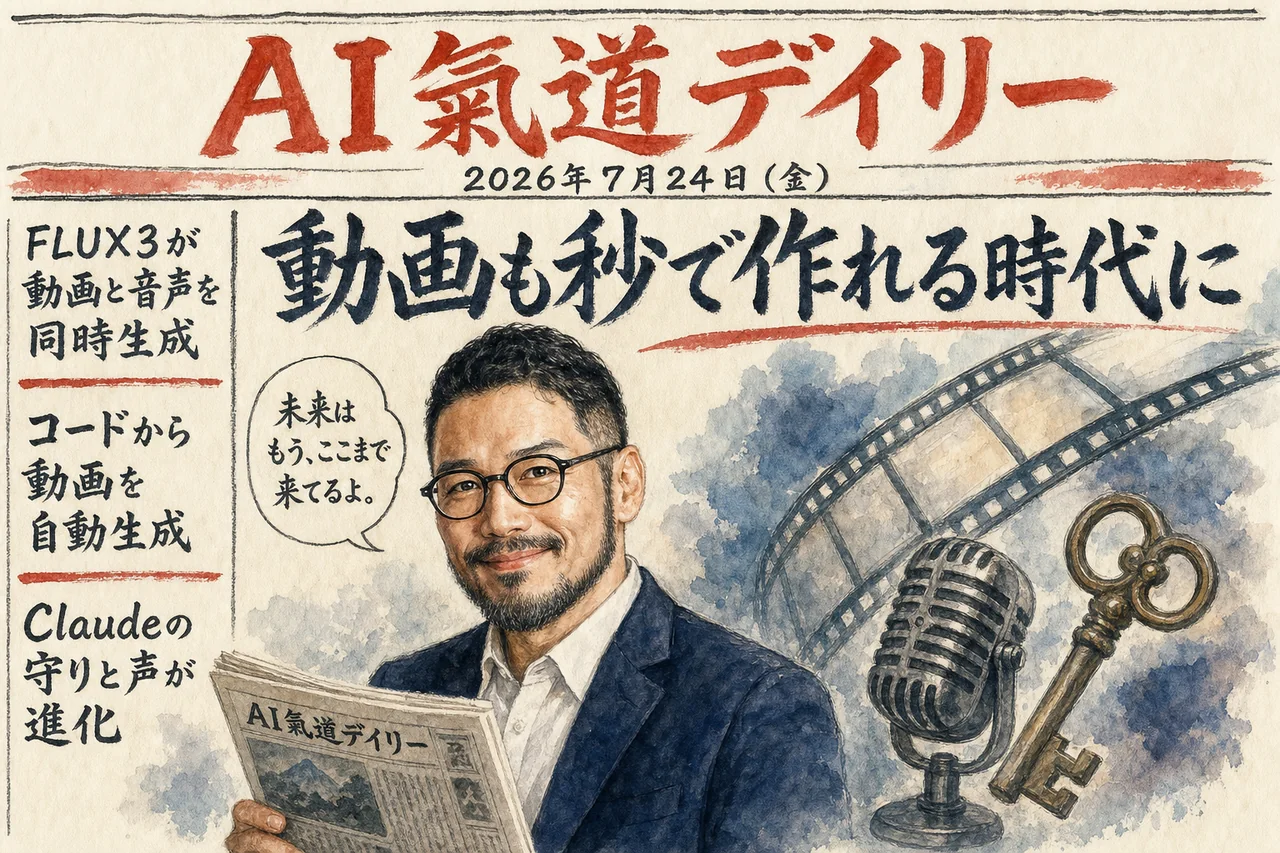 FLUX3の動画音声一体生成とHeyGen HyperFramesを伝える新聞風ニュース図