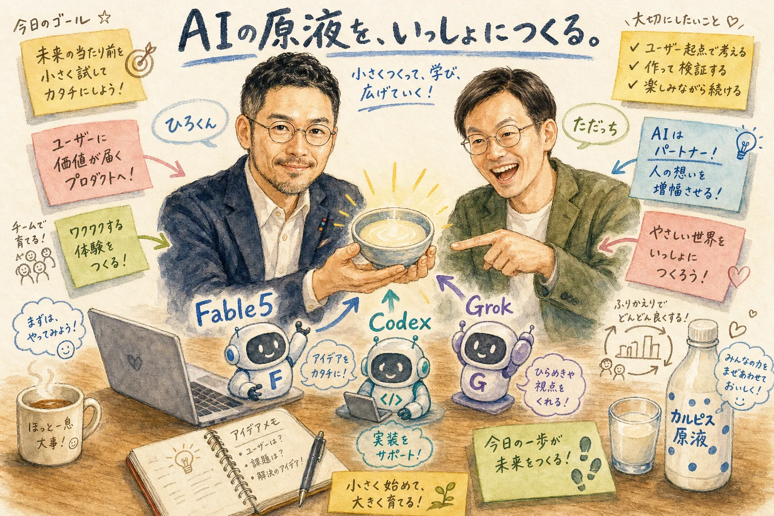 Fable5・Codex・Grokをどれも器と見立てカルピス原液が9割を占めることを示す図解