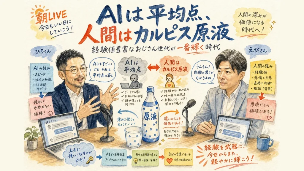 まっちんぐー朝LIVE 2026年7月31日 全体図解 AIは平均点、人間はカルピス原液