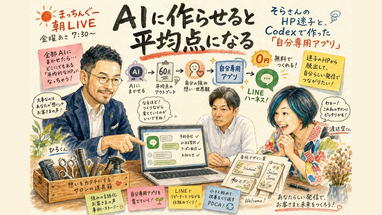 AIに作らせると平均点になる問題とCodexのLINEハーネスでLステップが無料になる様子を示す図解
