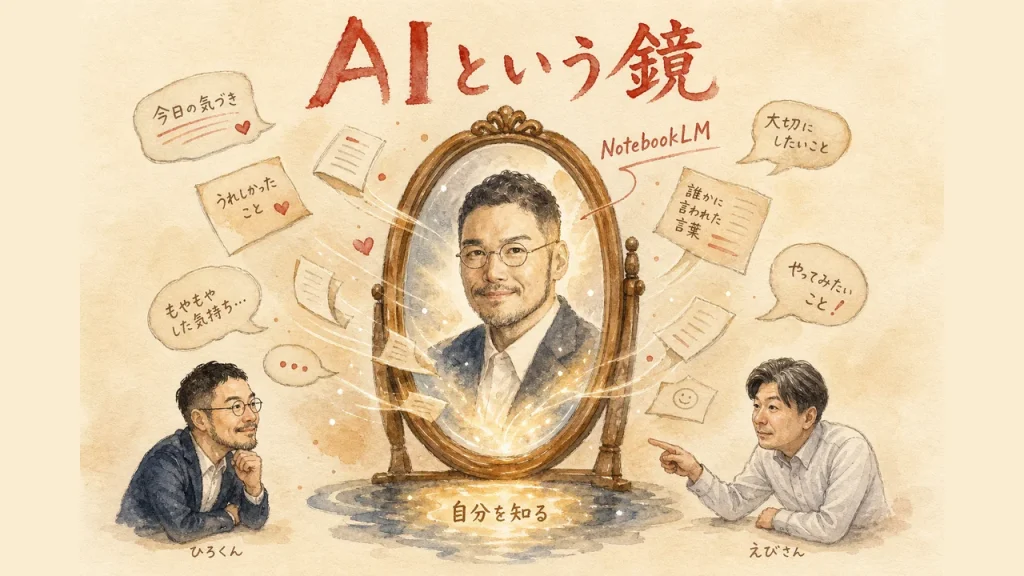 NotebookLMという鏡に自分が映るイメージ図解（ひろくん・えびさん）