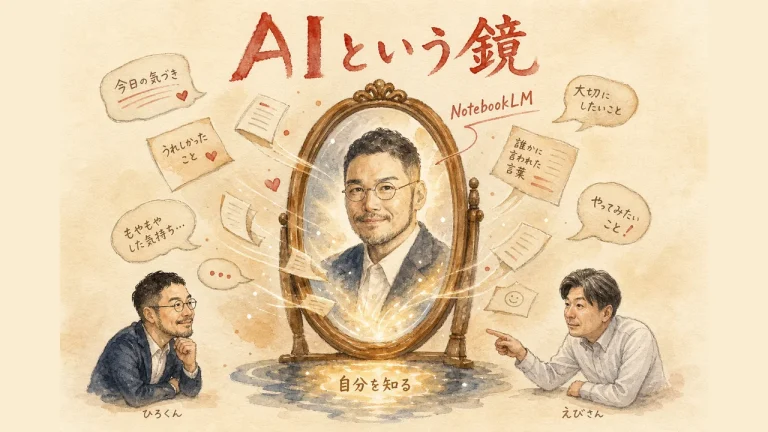 NotebookLMという鏡に自分が映るイメージ図解（ひろくん・えびさん）