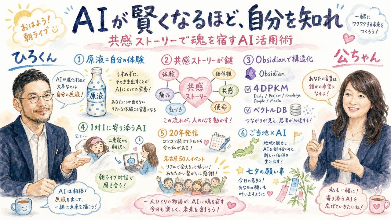 共感ストーリーで自分の原液をAIに移植する様子の図解