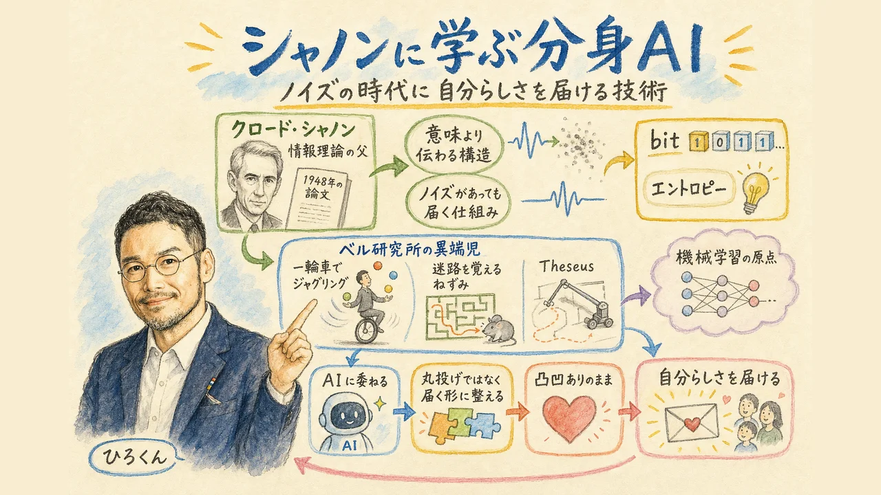 クロード・シャノンの情報理論と分身AIの委ねる哲学を結ぶ図
