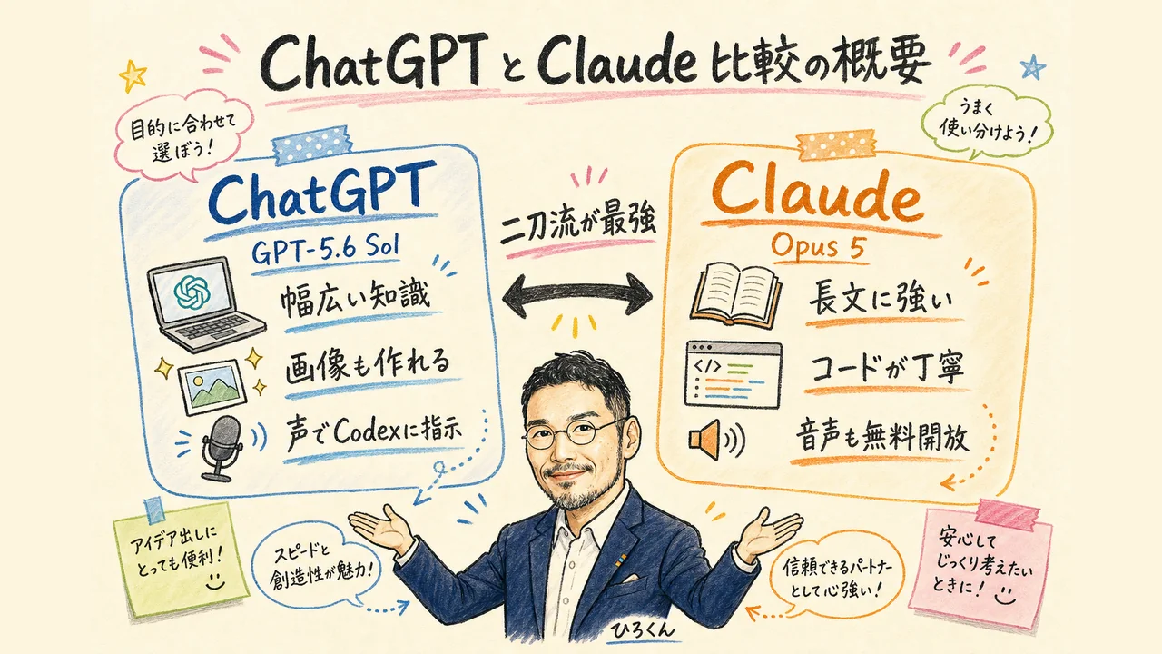 ChatGPTとClaudeの比較概要図解（2026年7月時点・GPT-5.6 Sol と Claude Opus 5）