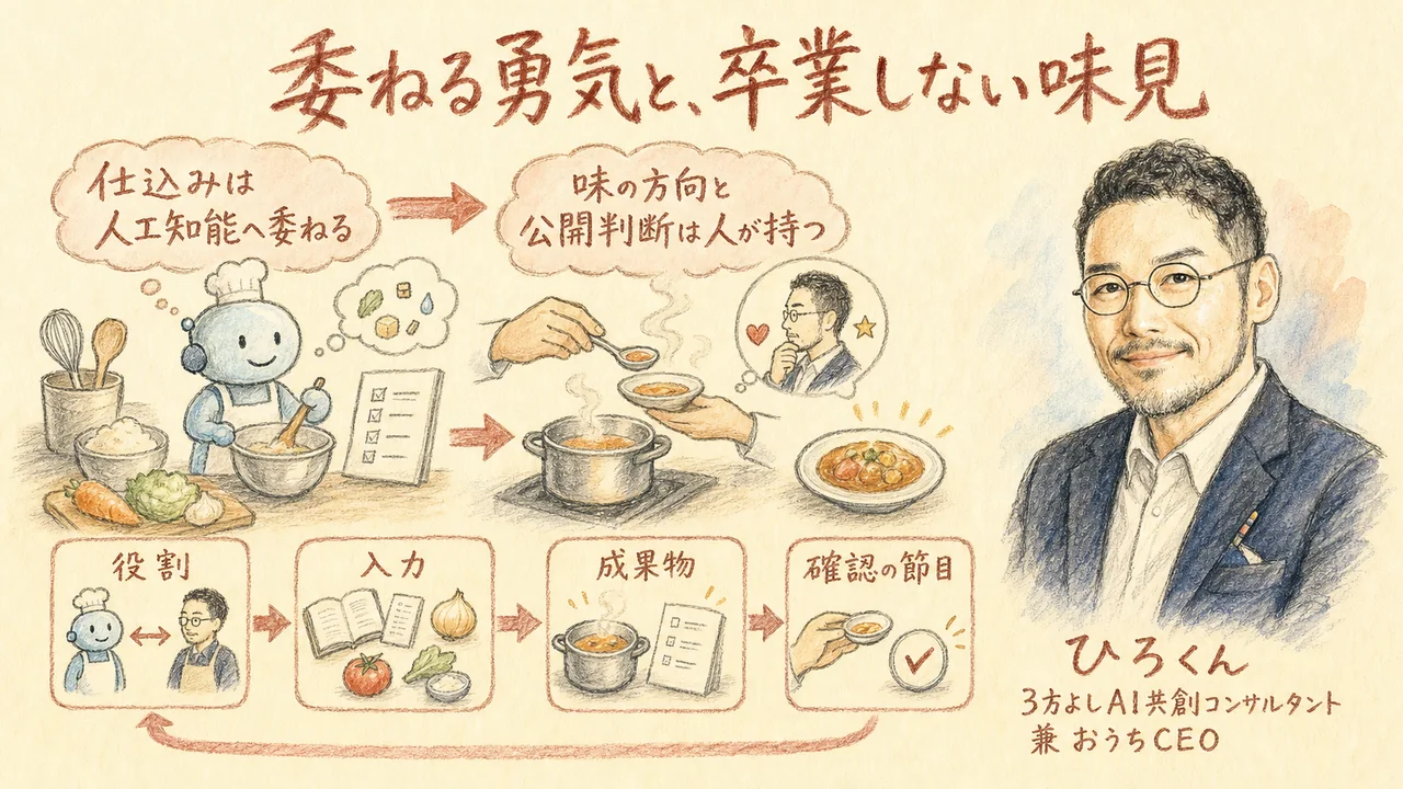 仕込みをAIへ委ね、味の方向と公開判断を人が持つひろくんコラムの図解