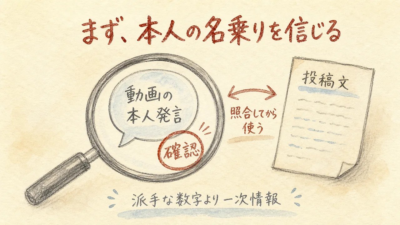 本人の名乗りと一次情報を優先し、投稿文を照合する考え方の図解