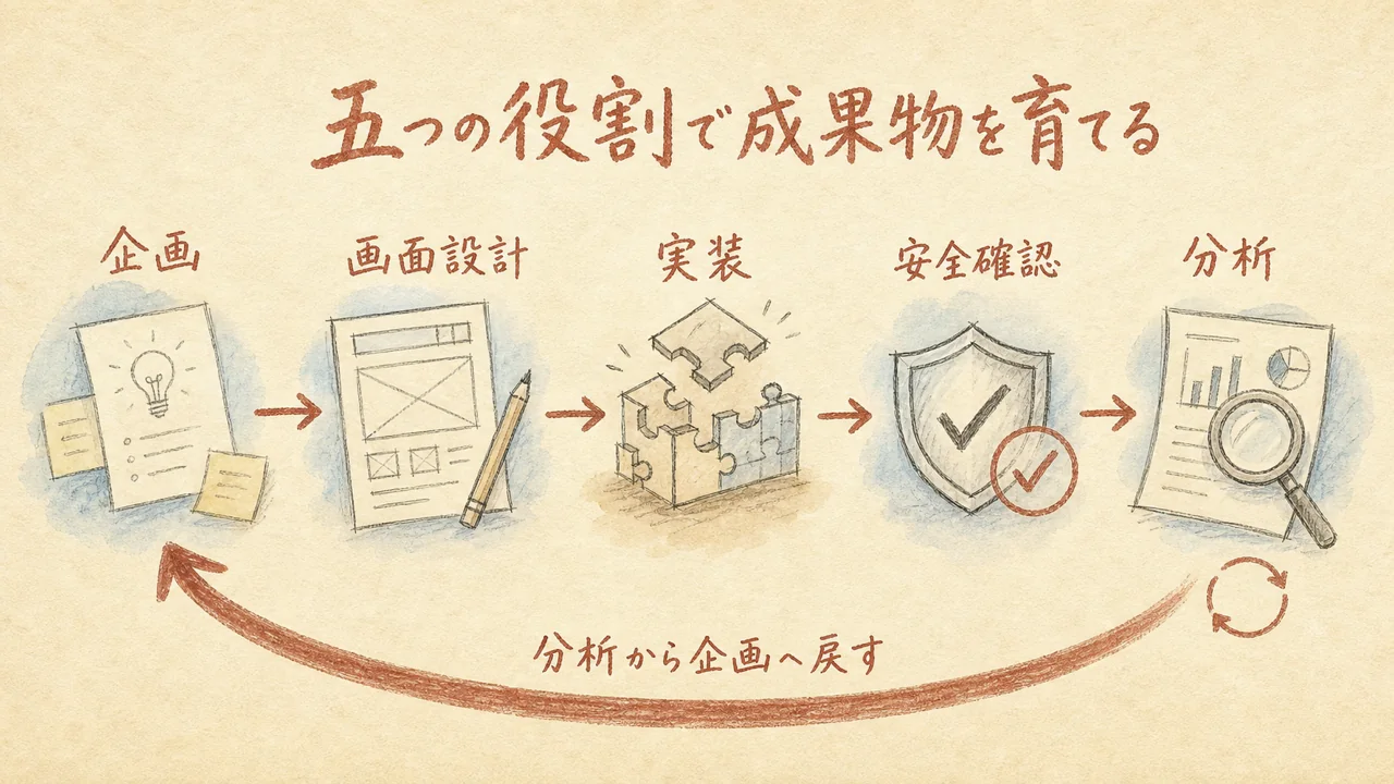 企画・画面設計・実装・安全確認・分析の五つの役割で成果物を育てる図解