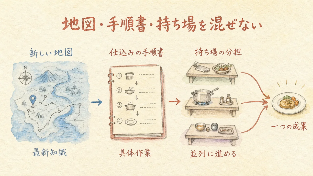 最新知識の地図・具体作業の手順書・並列作業の持ち場を区別する図解