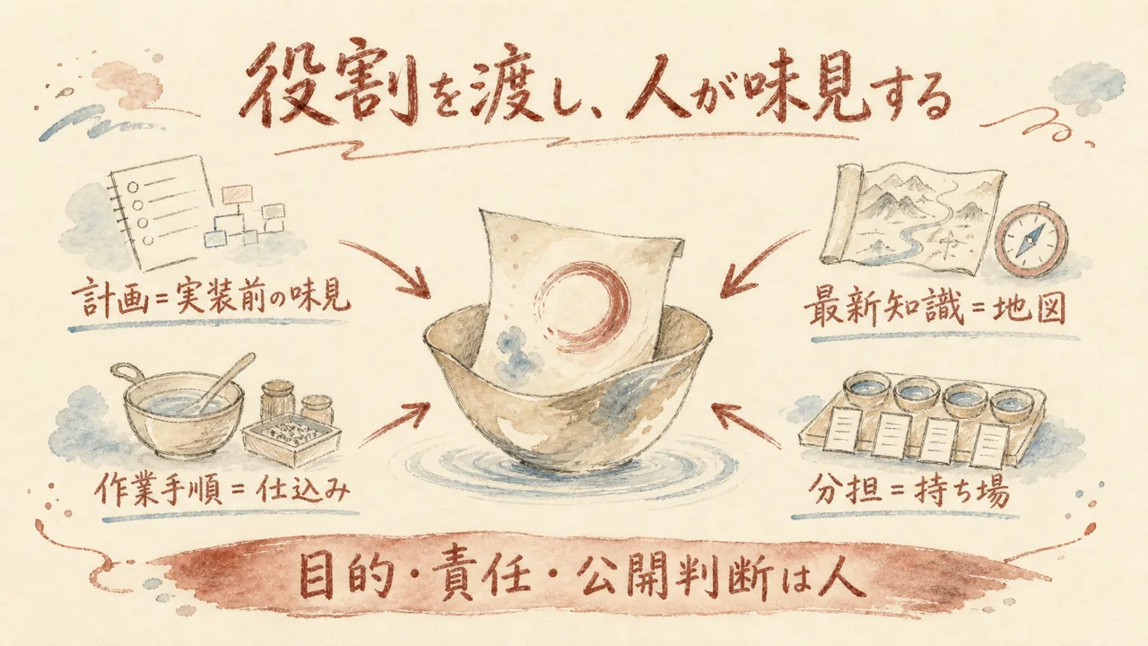 計画・最新知識・作業手順・分担を役割として渡し、人が目的と公開判断を持つまとめ図解